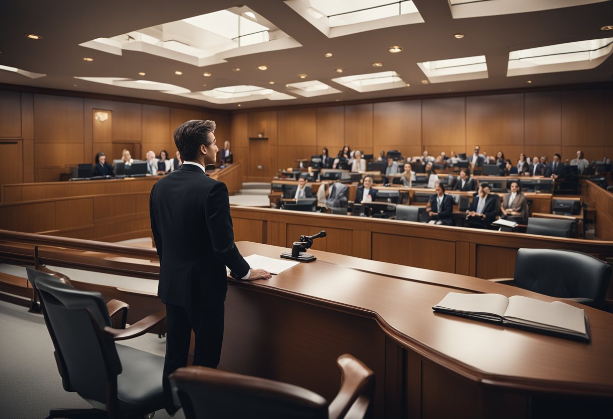 A lawyer confidently presenting a discrimination case in a courtroom