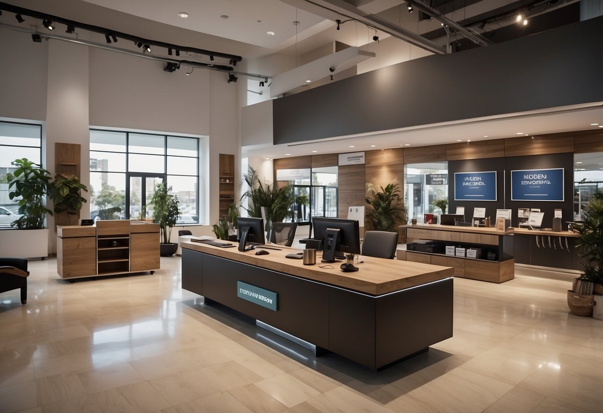 A showroom with modern furniture displayed, prices labeled, and sales signs. A customer service desk with staff assisting clients