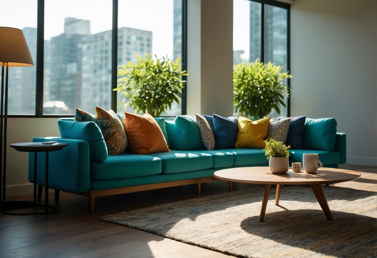 A vibrant living room with a modern Funan sofa, colorful throw pillows, and a sleek coffee table. Sunlight streams in through large windows, illuminating the space