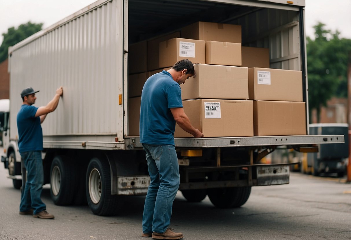 Boxes and furniture being haphazardly loaded onto a rickety truck by two men. Furniture looks worn and cheap
