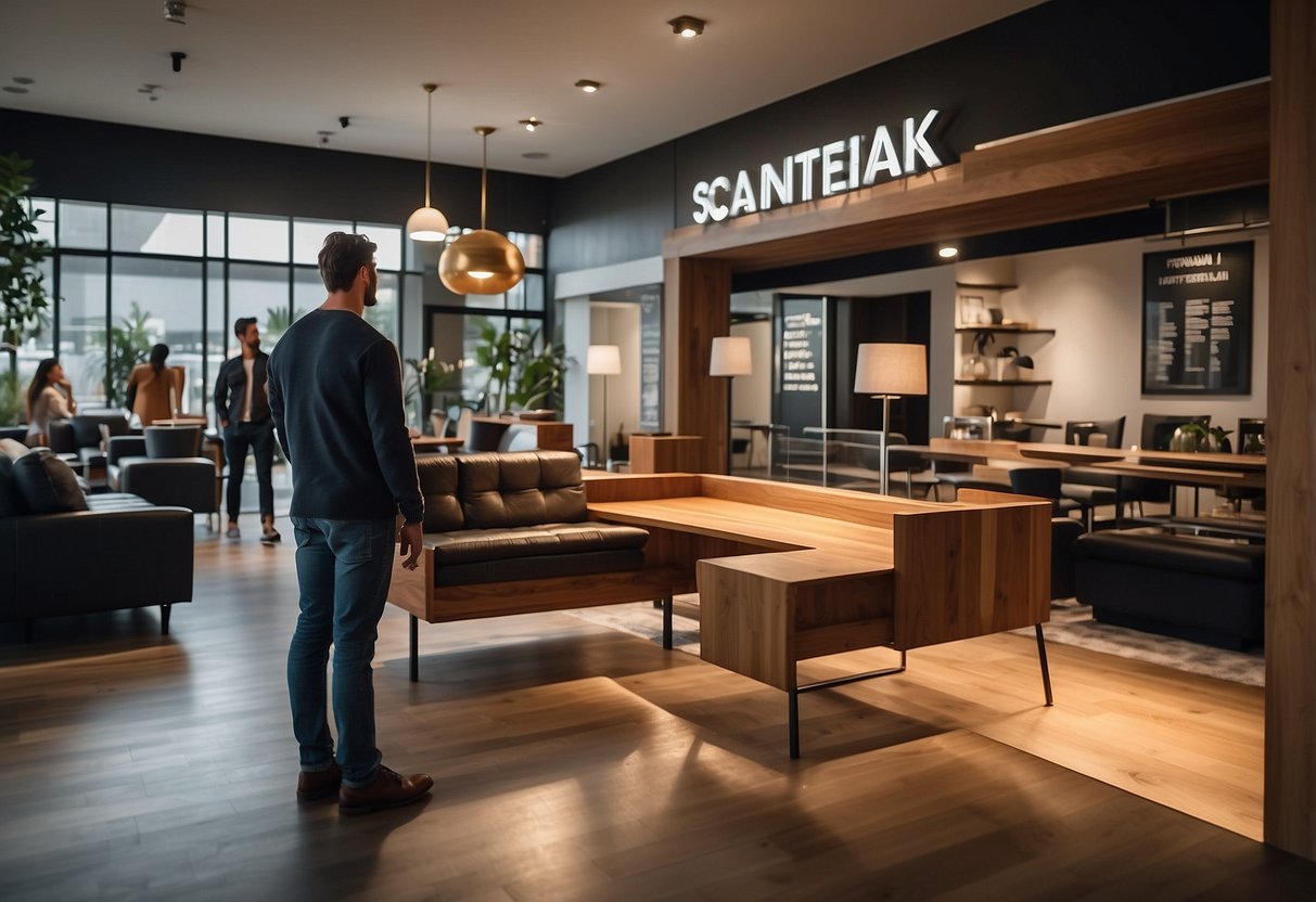 A customer browsing through a display of scanteak furniture with a sign that reads "Frequently Asked Questions" in the background