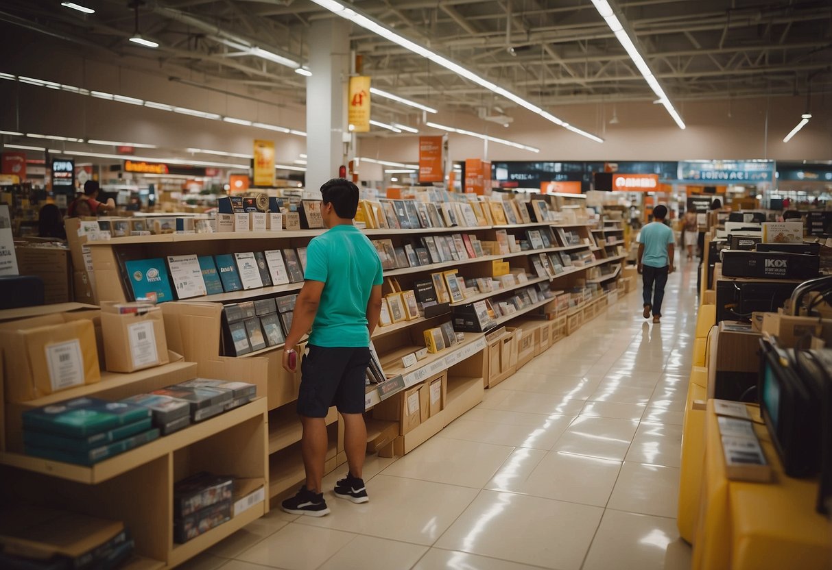 Customers browsing through aisles of discounted furniture, with signage displaying "Frequently Asked Questions" at a budget-friendly store in Singapore
