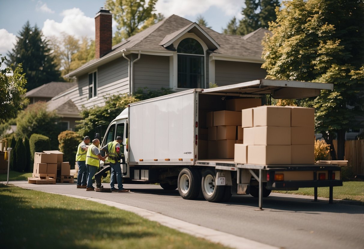 A moving truck parked outside a small house, with workers carrying boxes and loading furniture onto the truck