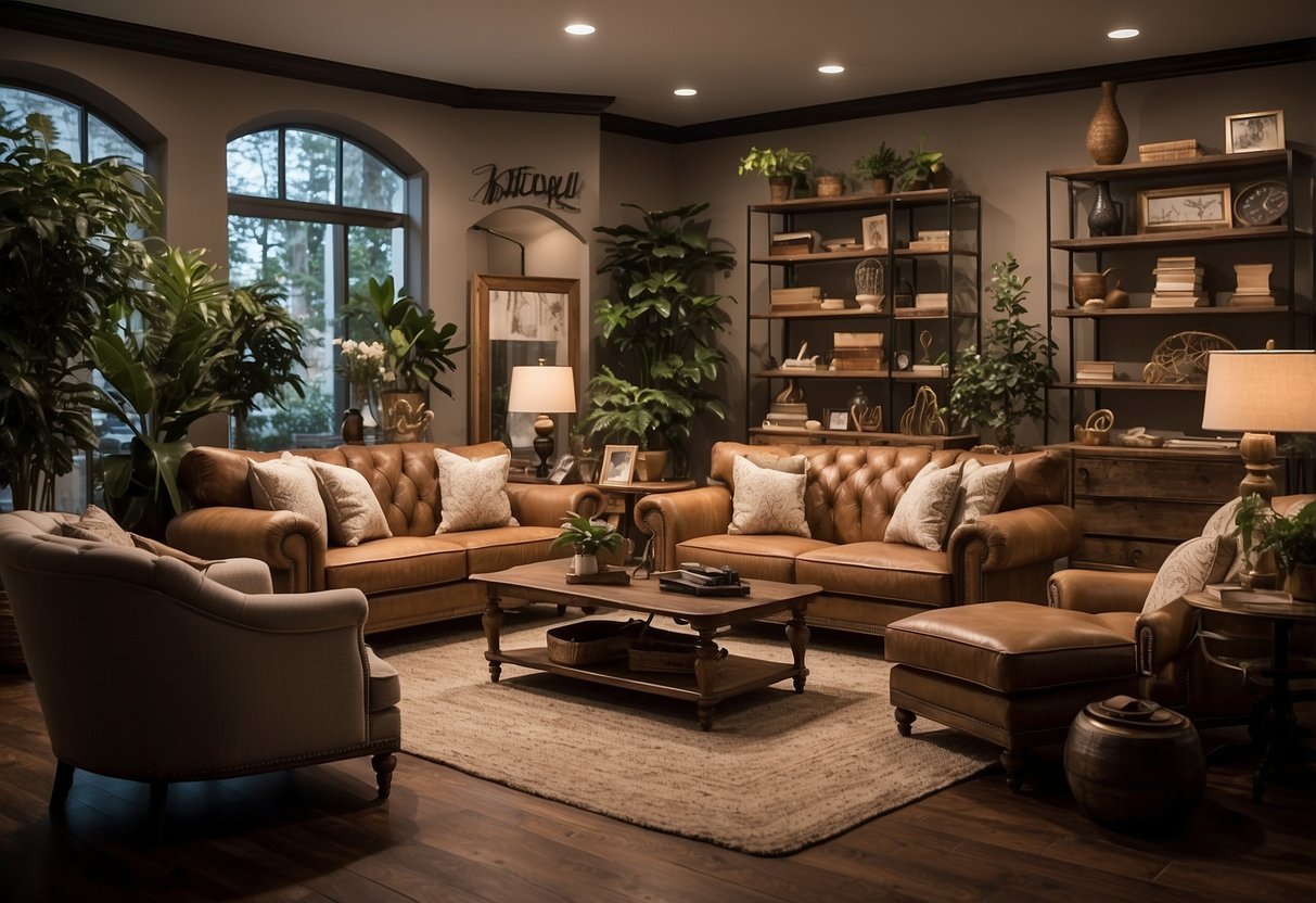 A room filled with various furniture pieces, labeled with "Frequently Asked Questions 99" tags