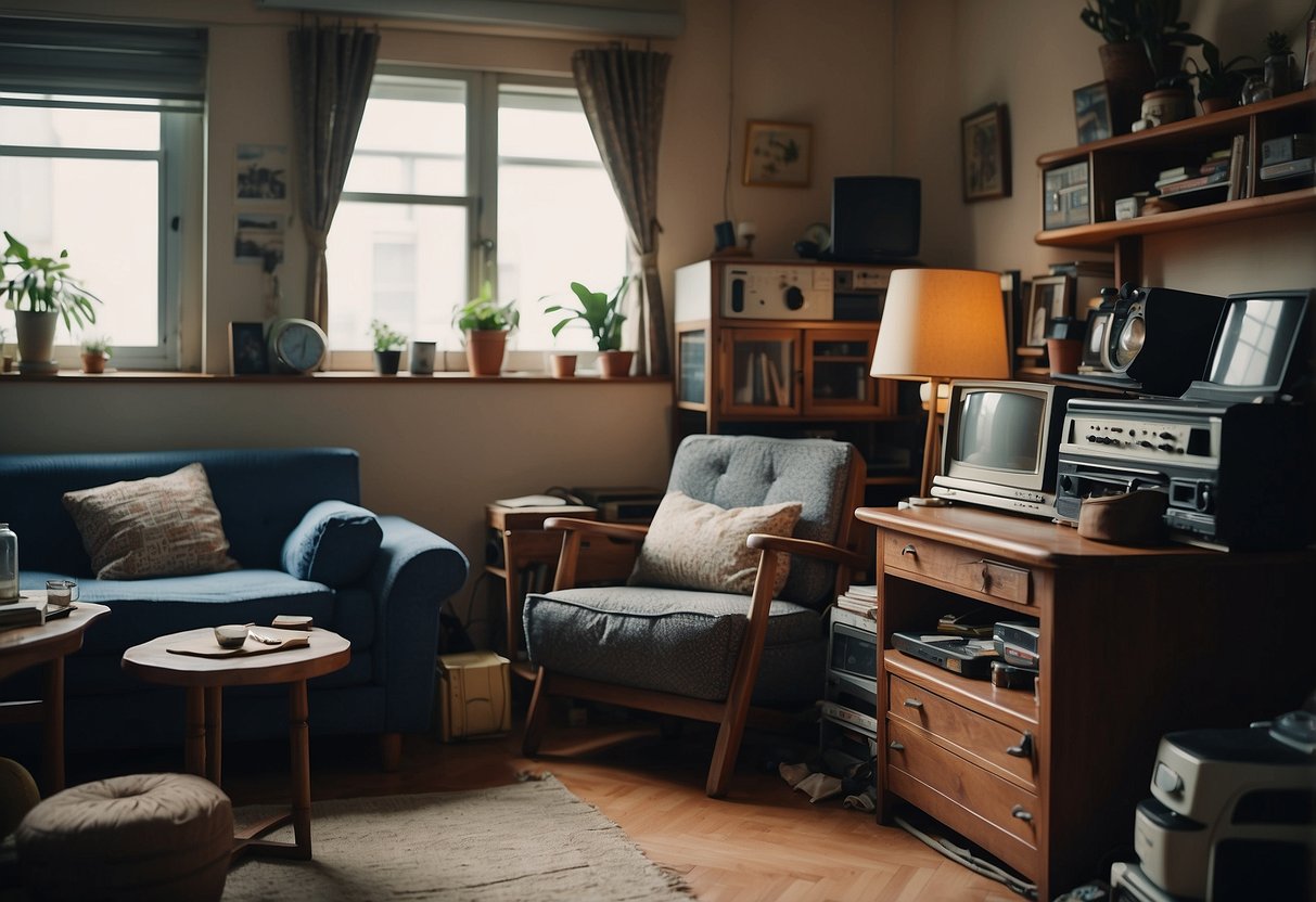 A cluttered room with mismatched, worn-out vintage furniture in a small apartment in Singapore