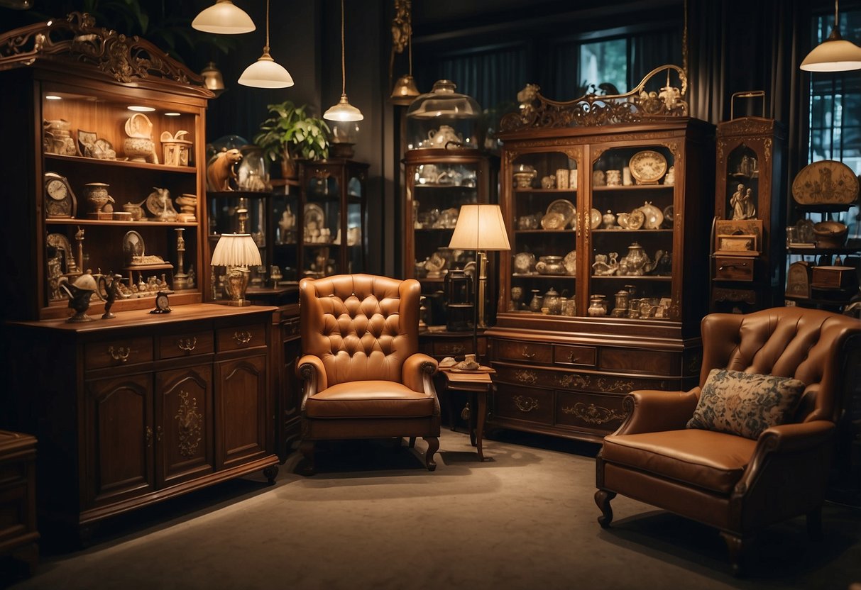 A cluttered, dimly lit shop in Singapore reveals a treasure trove of vintage furniture pieces, from ornate wooden cabinets to retro-inspired armchairs