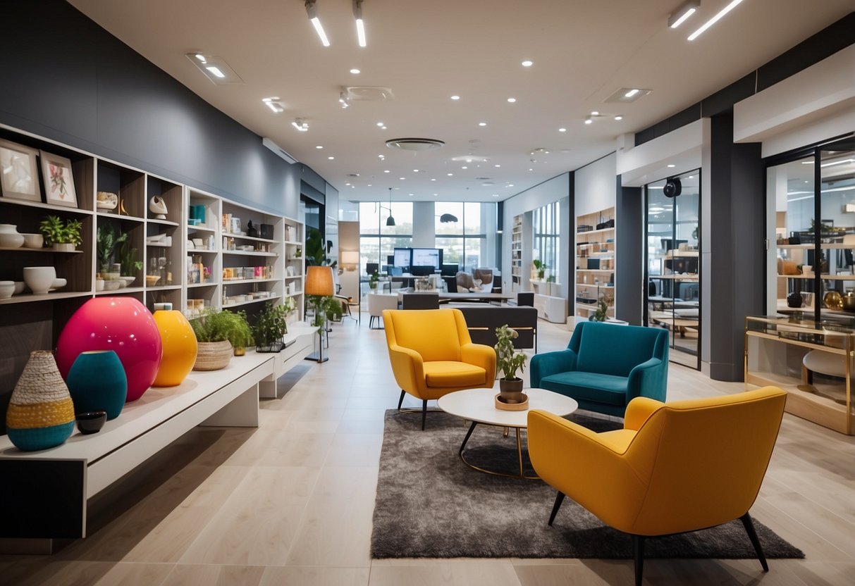 A colorful showroom with modern furniture displays and a customer service desk. Bright lighting and clean, organized shelves create a welcoming atmosphere