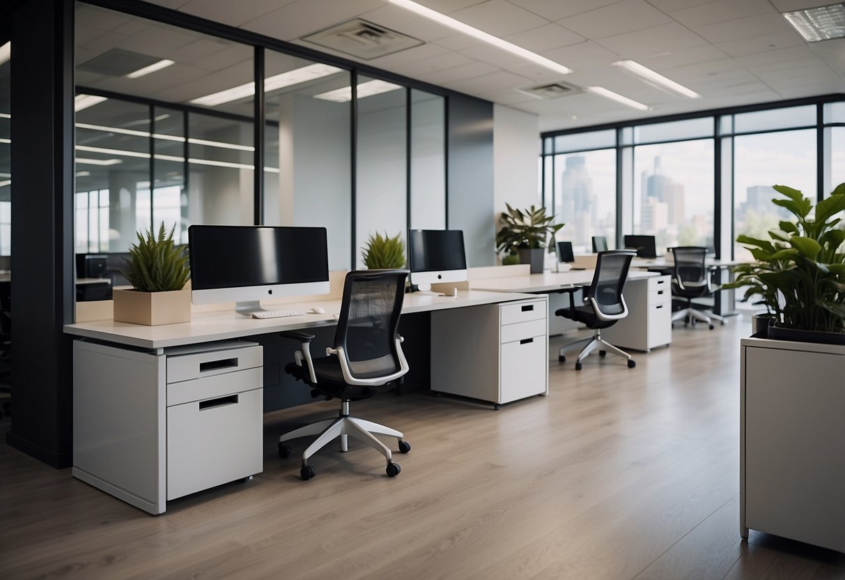 A modern office with sleek system furniture, clean lines, and neutral colors. Desks, chairs, and storage units are arranged in a functional and stylish layout