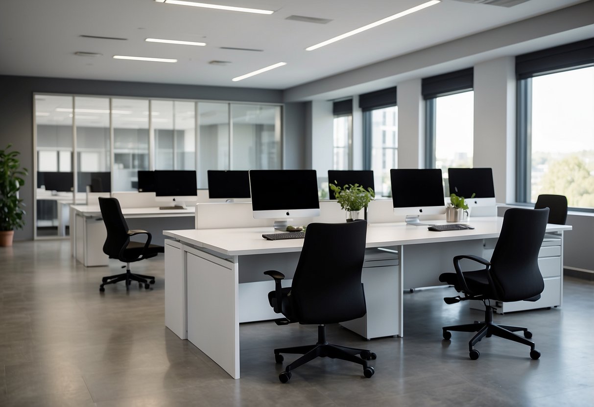 A modern office with sleek, modular furniture pieces arranged in an open layout, creating a functional and stylish workspace