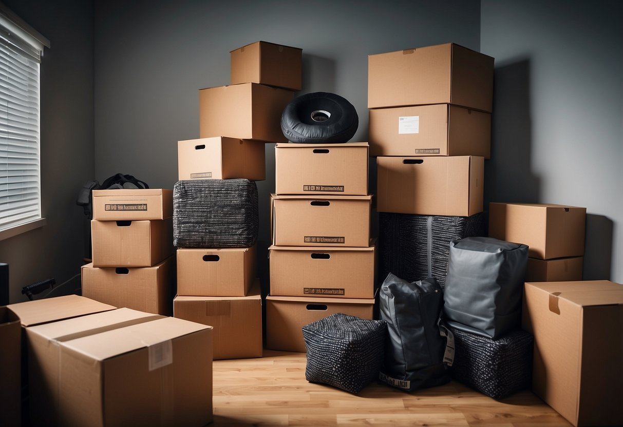 A stack of cardboard moving boxes labeled "Frequently Asked Questions" surrounded by cheap furniture and a moving truck