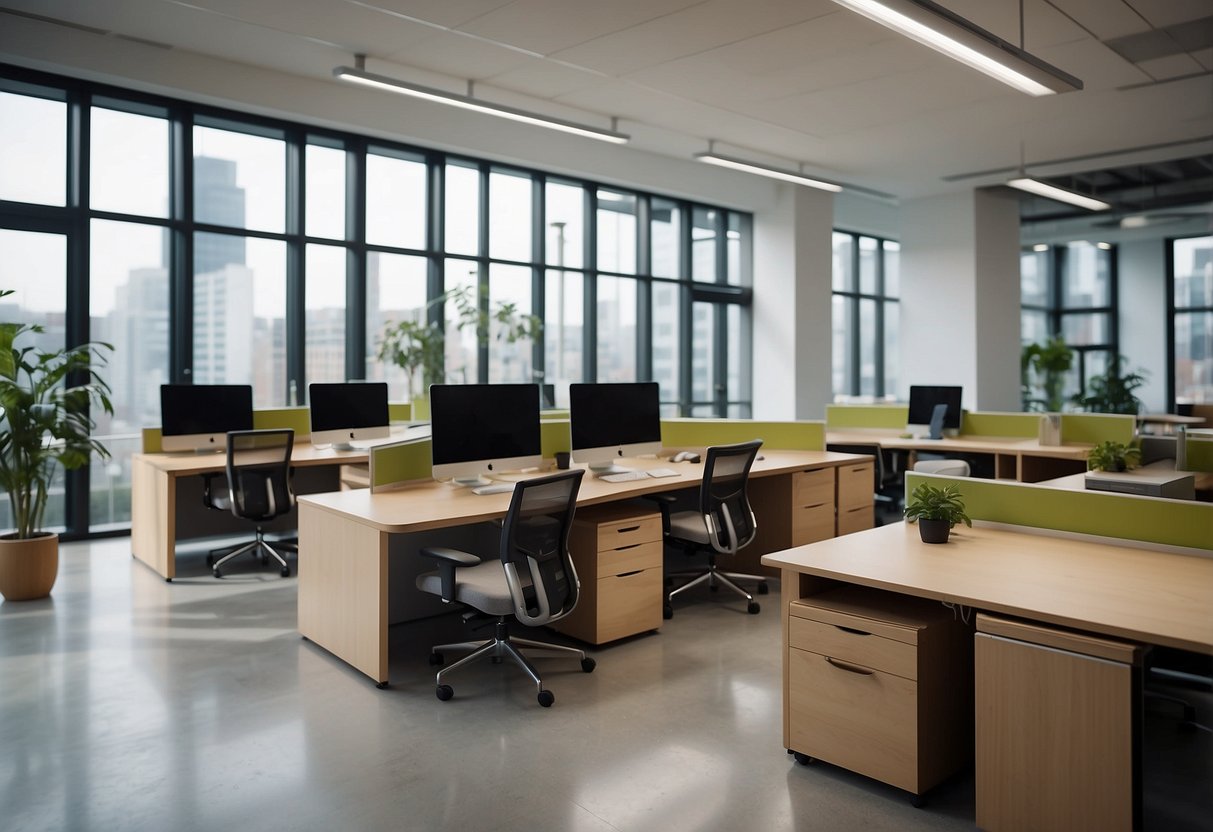 Office furniture arranged in a modern, open-plan layout with desks, chairs, and storage units. Natural light floods the space, creating a bright and airy atmosphere