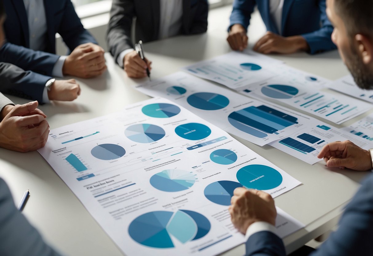 A group of professionals gather around a table, discussing recruitment strategies and reviewing resumes. A whiteboard displays charts and graphs