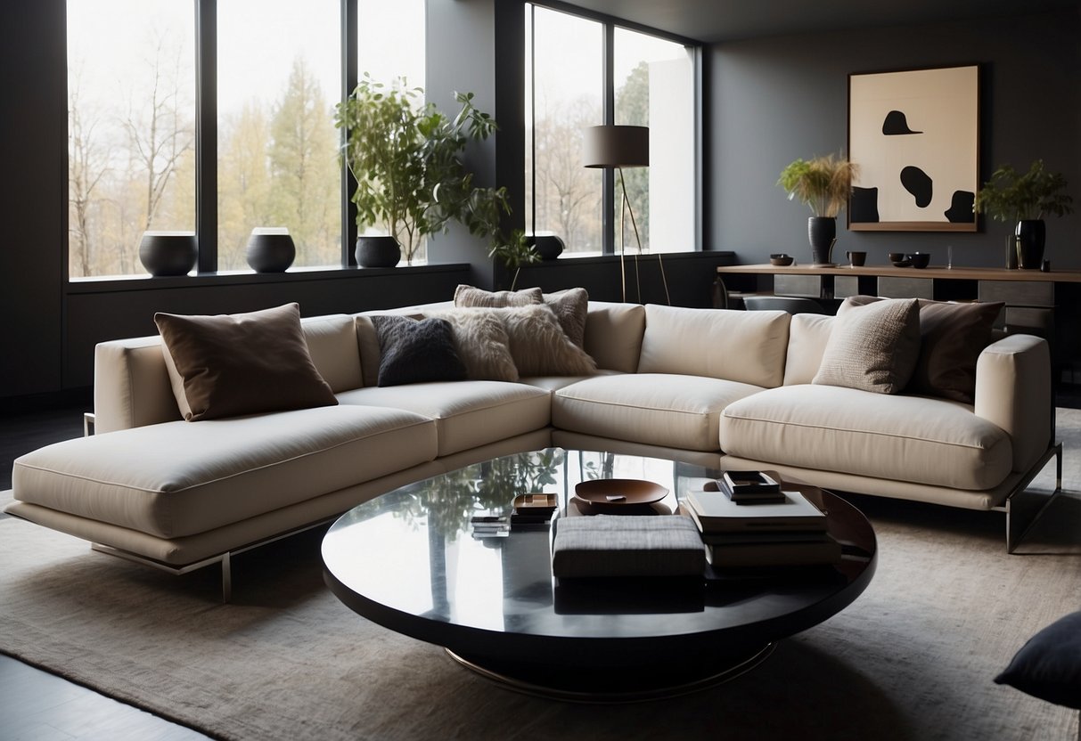 A modern living room with Flexform furniture, featuring a sleek sofa, elegant coffee table, and minimalist side chairs