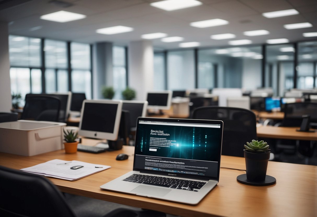 A modern office setting with a desk, computer, and files. A sign on the wall reads "Specialist Recruitment Foundation."