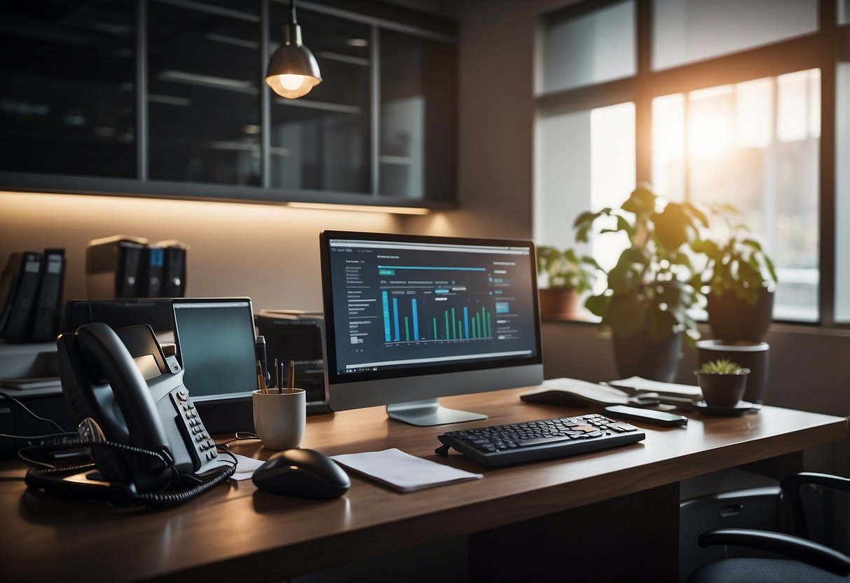 A desk with a computer, phone, and files. A confident, professional atmosphere with a focus on organization and efficiency