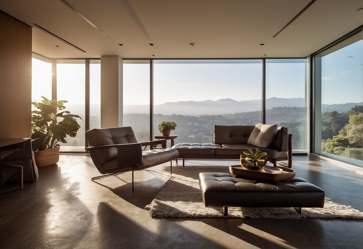 A modern living room with Flexform furniture: a sleek leather sofa, a marble coffee table, and a minimalist armchair. Sunlight streams in through floor-to-ceiling windows, casting a warm glow on the elegant pieces
