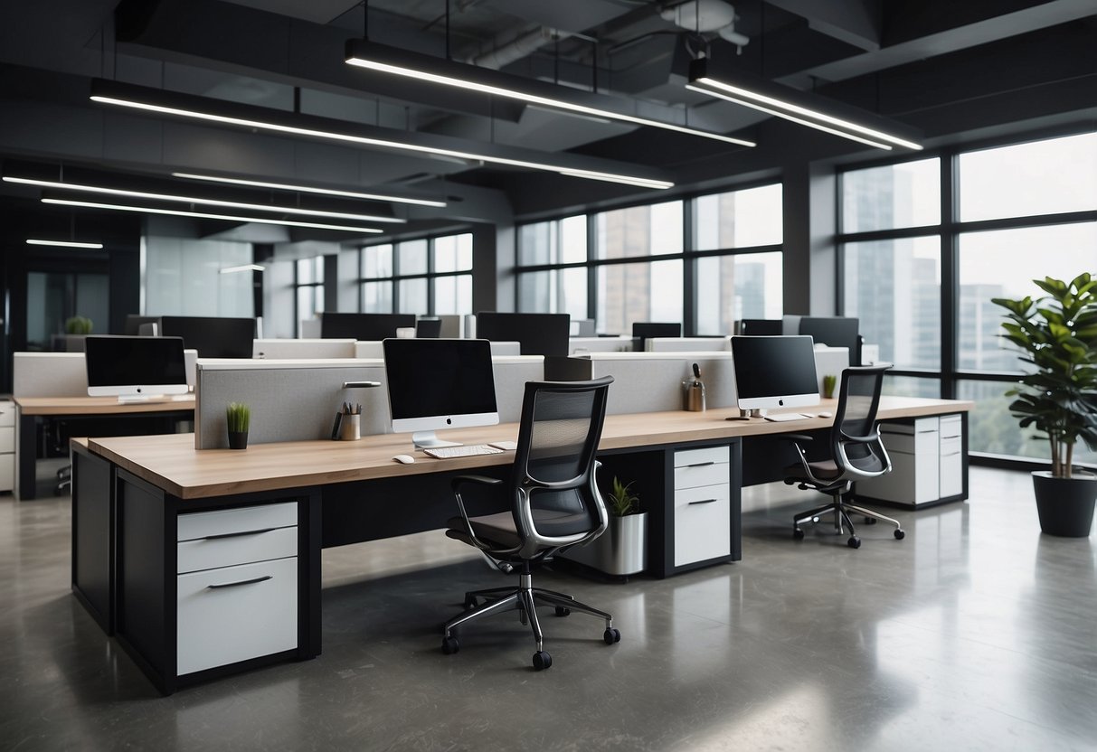 A sleek, modern office space with a row of stylish, interconnected workstations, each equipped with a built-in Frequently Asked Questions system