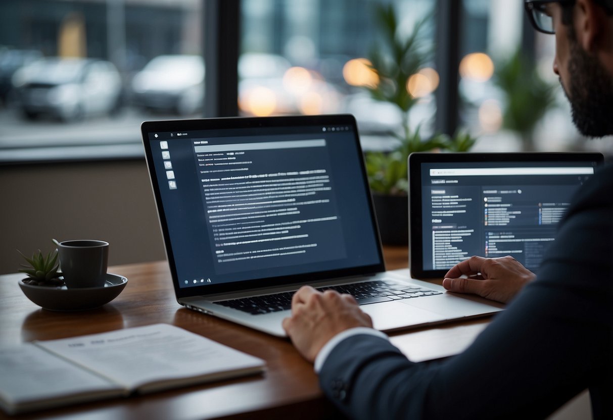 A computer screen displays job postings while a recruiter uses a tablet to review resumes and a smartphone to communicate with potential candidates