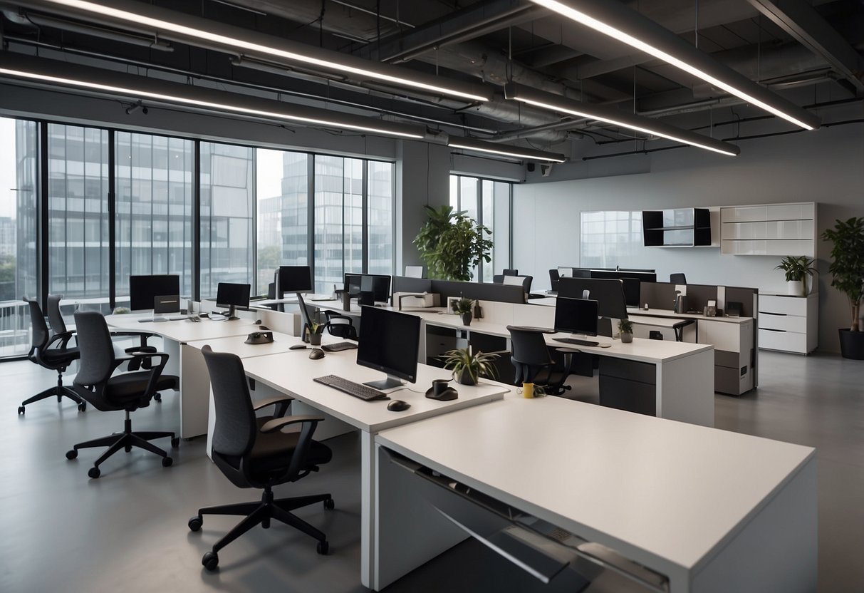 The agile office furniture is arranged in a modern open space, with adjustable desks, ergonomic chairs, and mobile storage units