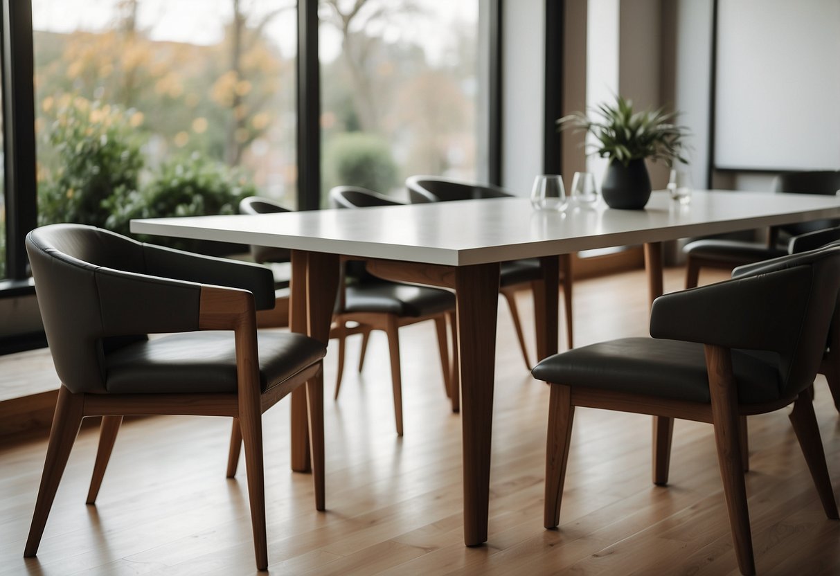 A sleek, modern dining table with clean lines and minimalist design, surrounded by stylish chairs in a spacious, well-lit room