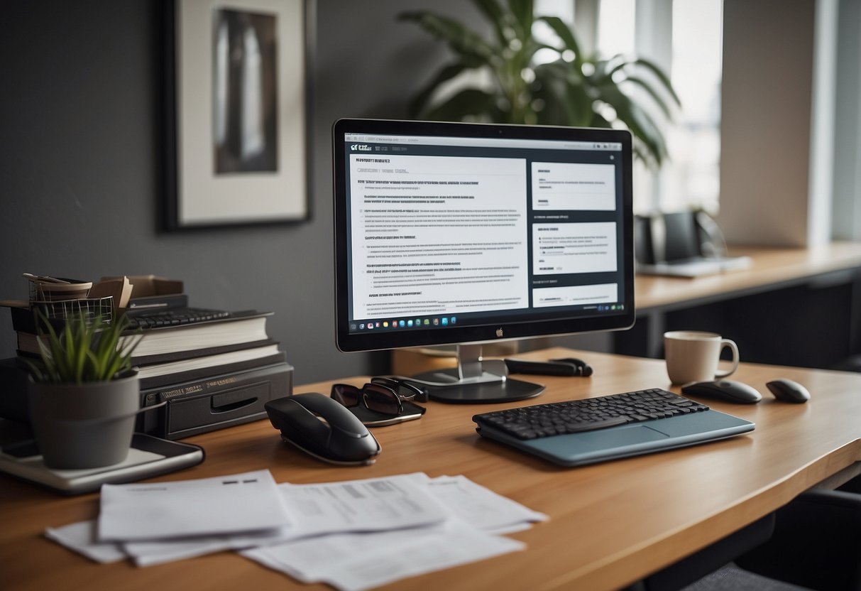A desk with a computer, phone, and stack of papers. A sign reads "Frequently Asked Questions Specialist Recruitment" on the wall