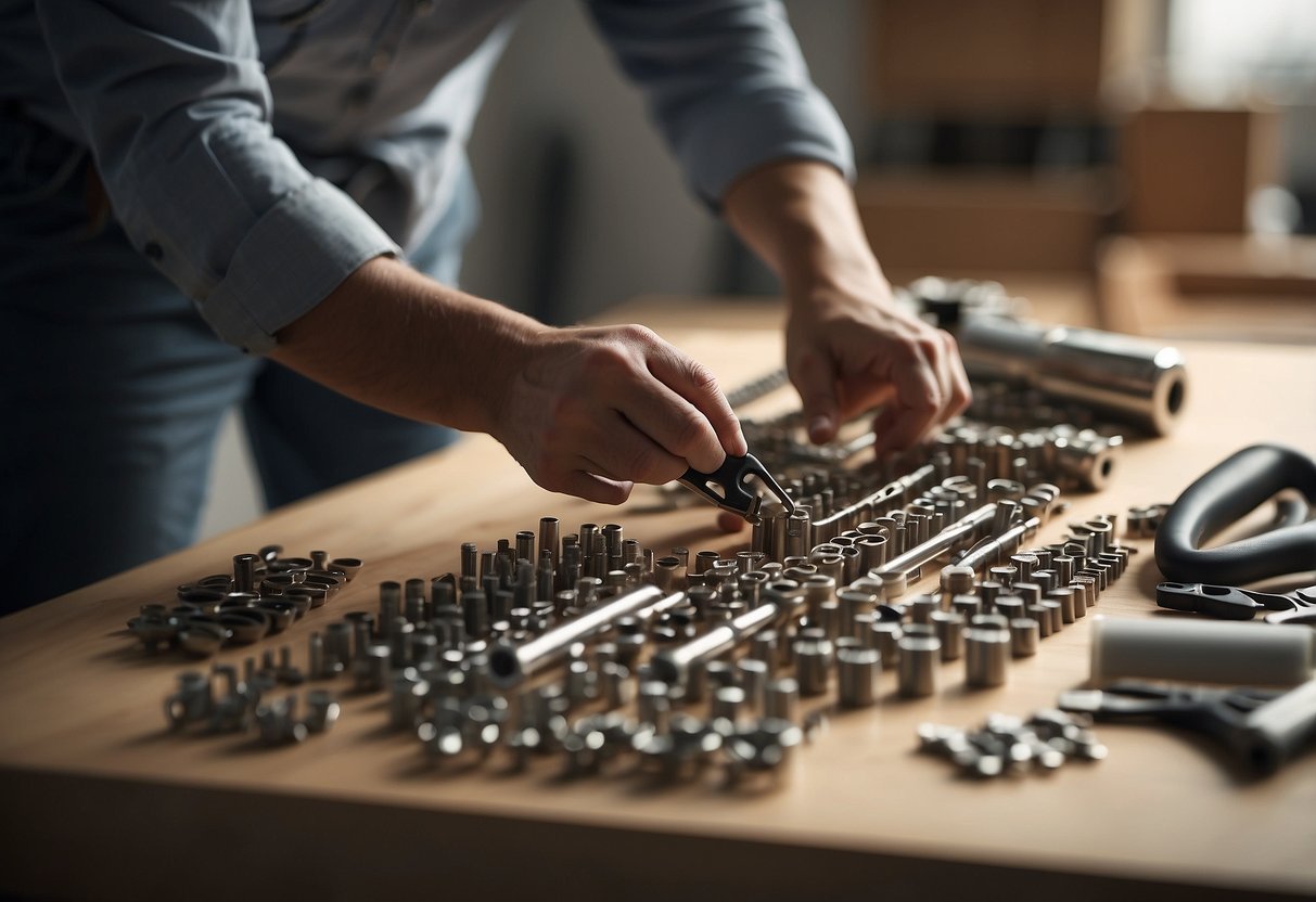 A professional assembling furniture in a well-lit room with tools and parts neatly organized on a clean, flat surface