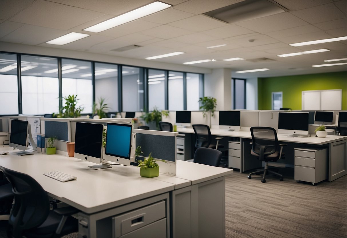 An open office space with flexible, mobile furniture. Standing desks, rolling chairs, and modular storage units create a dynamic and adaptable environment