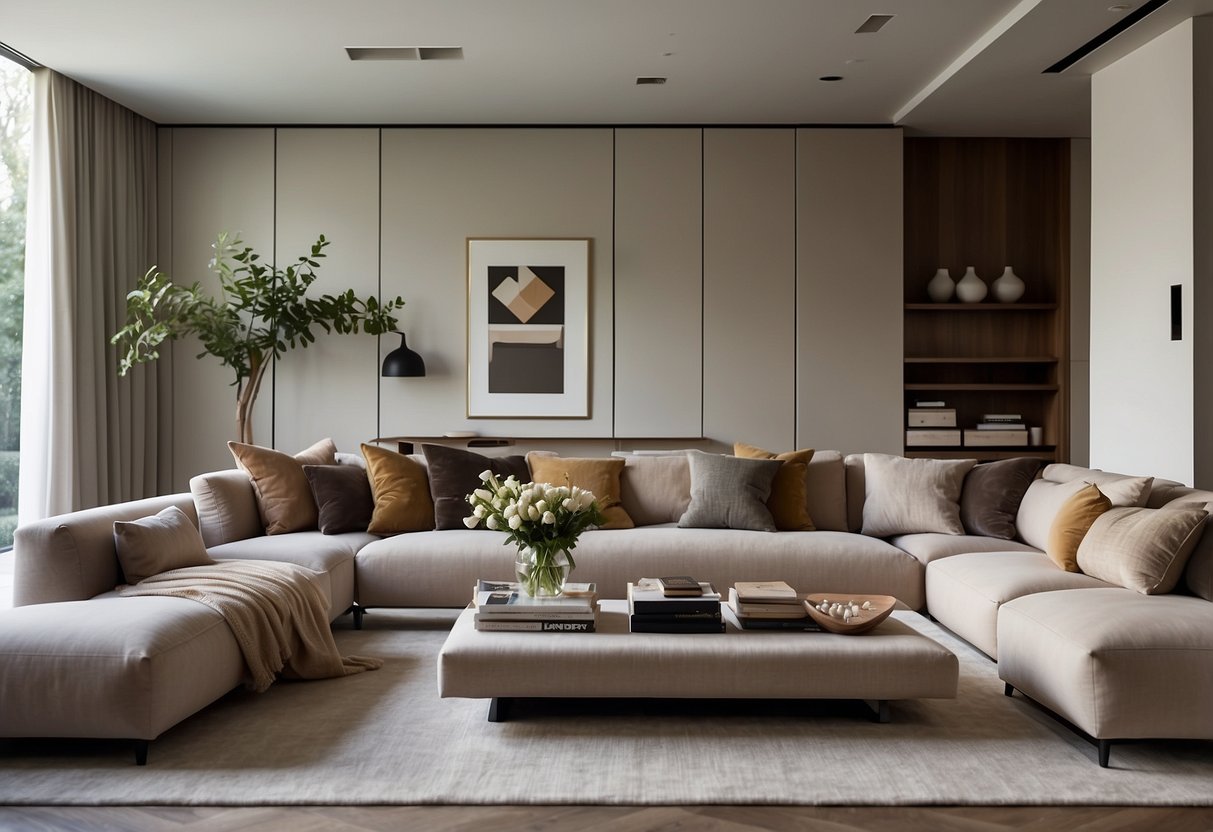 A modern living room with Flexform furniture, featuring sleek lines, soft textures, and a neutral color palette. The room is filled with natural light, and the furniture is arranged in a comfortable and inviting layout