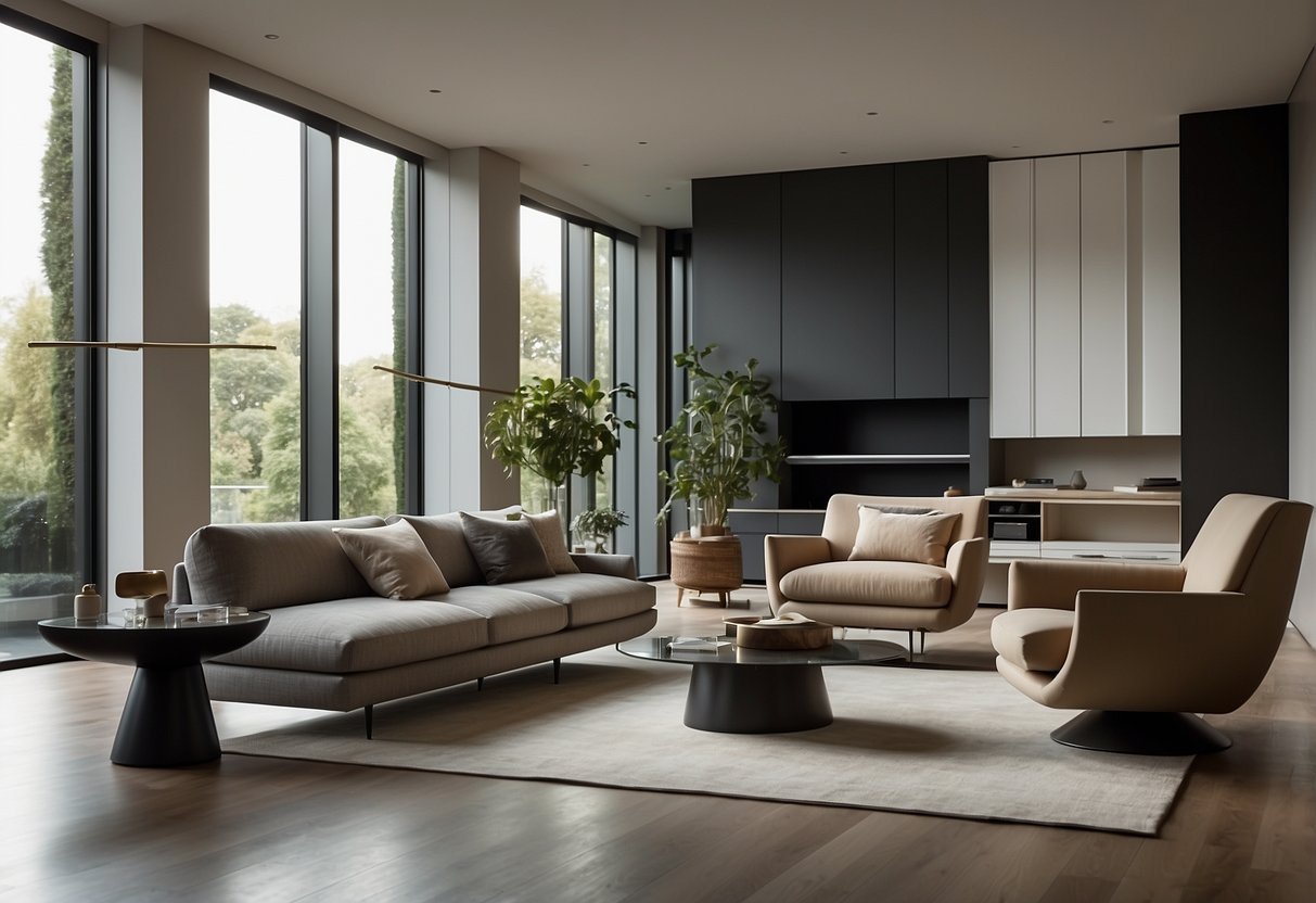 A modern living room with Flexform furniture, featuring a sleek sofa, coffee table, and armchair. Clean lines and neutral colors create a minimalist yet inviting space