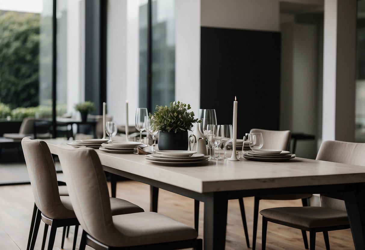 A sleek, modern dining table with clean lines and a minimalist design. The table is surrounded by stylish chairs and set with modern tableware