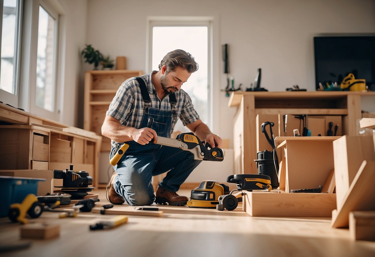 A handyman assembling furniture in a well-lit room with tools and pieces spread out on the floor