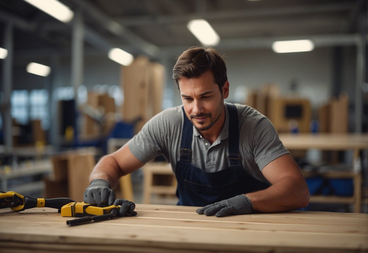 A furniture assembly service worker using tools to assemble a chair in a well-lit room