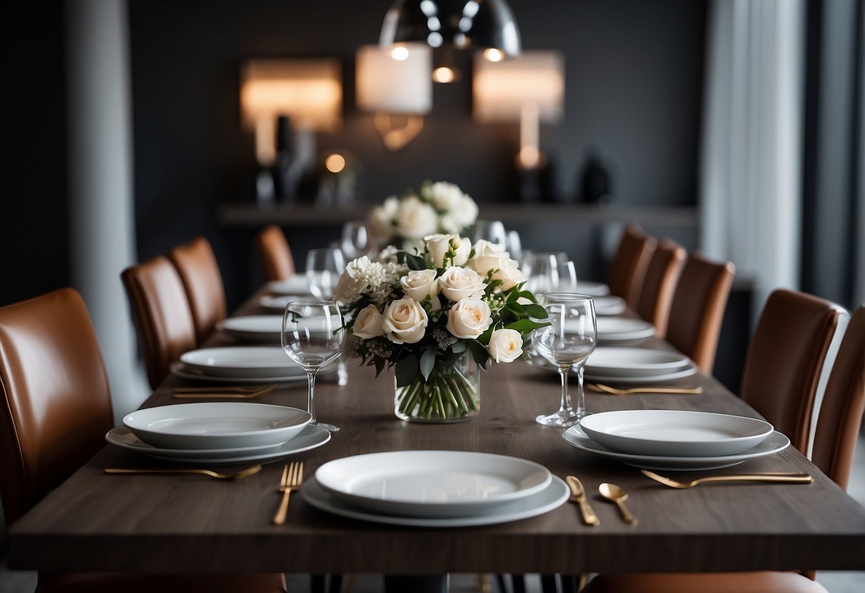 A sleek, modern dining table surrounded by stylish chairs, set with elegant dinnerware and gleaming cutlery, creating a sophisticated and inviting atmosphere