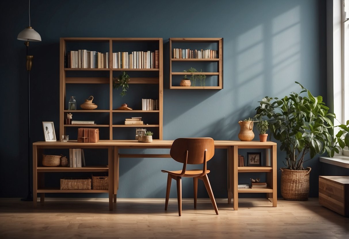 A room with floating objects: a table with no legs, a chair with no back, and a bookshelf with no visible support