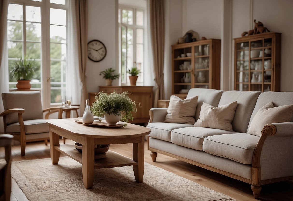 A cozy living room with a large French style oak furniture set, including a dining table, chairs, and a cabinet