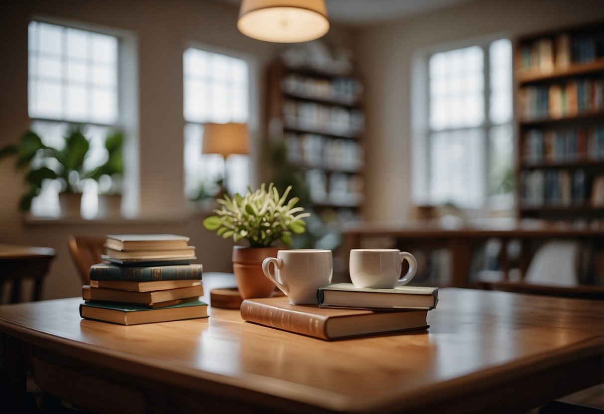 A room with floating books, cups, and vases, casting no shadows