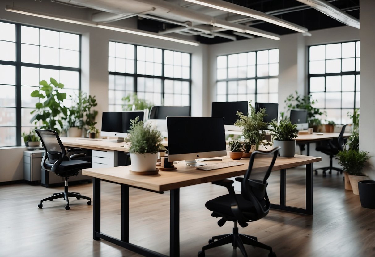 A modern, open office space with ergonomic chairs, adjustable standing desks, and natural lighting. Plants and soft, neutral colors create a calming atmosphere
