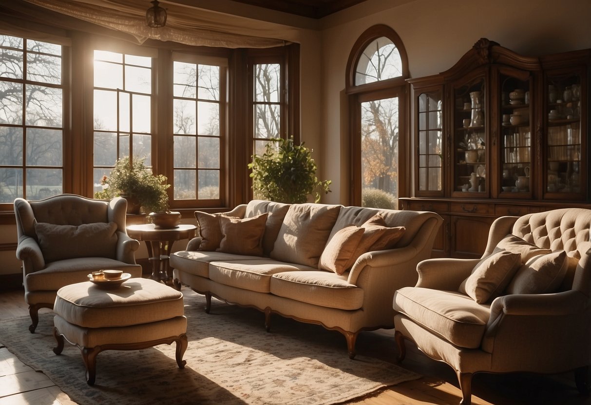 A cozy living room with a large French style oak coffee table, ornate chairs, and a matching sideboard. Sunlight streams through the window, casting warm shadows on the elegant furniture