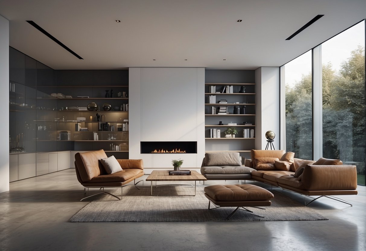 A modern living room with sleek, minimalist furniture and clean lines. The space is filled with transparent chairs, tables, and shelves, creating an illusion of floating objects