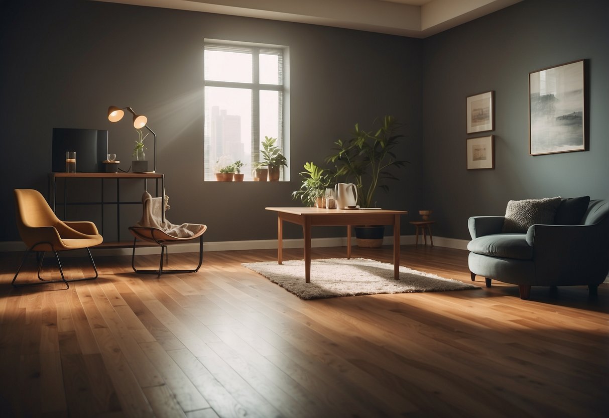 A room with floating objects: table, chair, and lamp. People interacting with the invisible furniture, looking confused