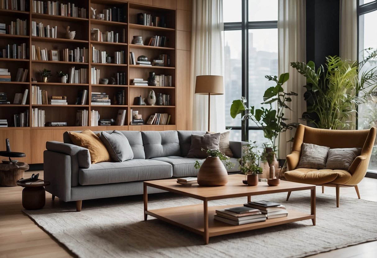 A modern living room with a sleek sofa, a coffee table, and a bookshelf filled with books and decorative items. The room is well-lit with natural light streaming in through large windows