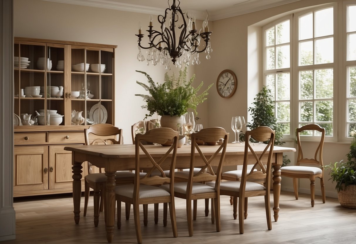 A spacious room with natural light showcases a French style oak furniture set, including a dining table, chairs, and a sideboard