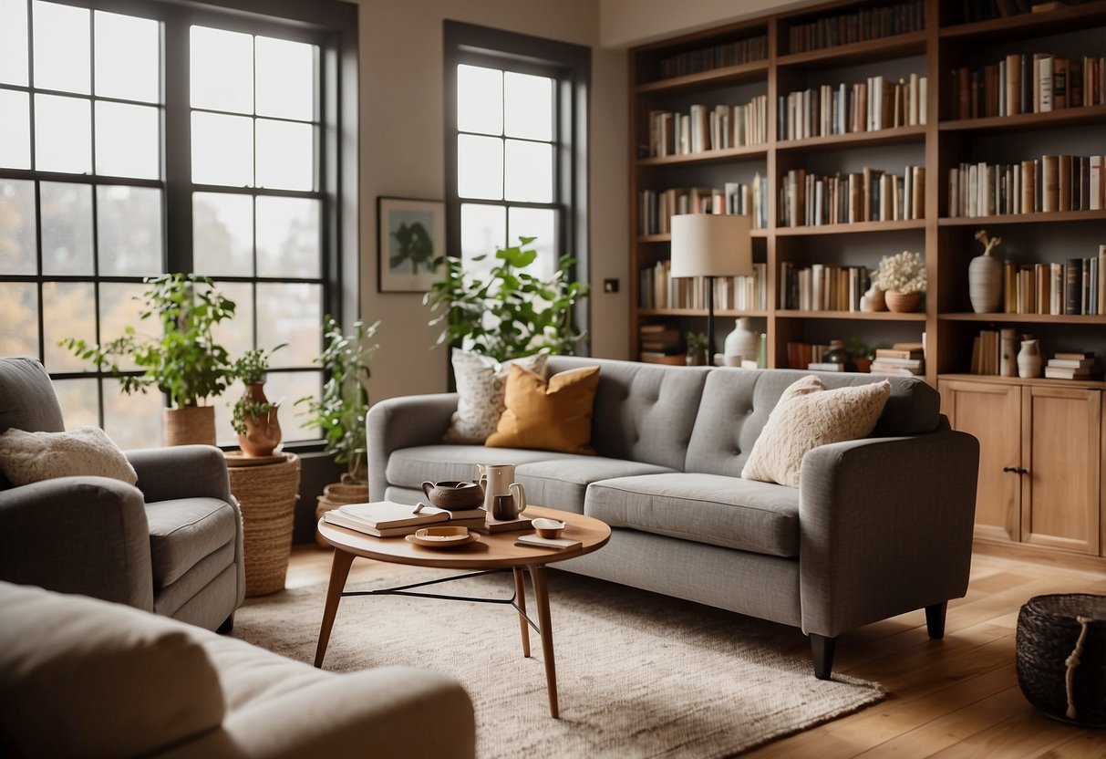 A cozy living room with a large, comfortable sofa, a coffee table, and a bookshelf filled with books and decorative items. The room is filled with natural light from the large windows, creating a warm and inviting atmosphere