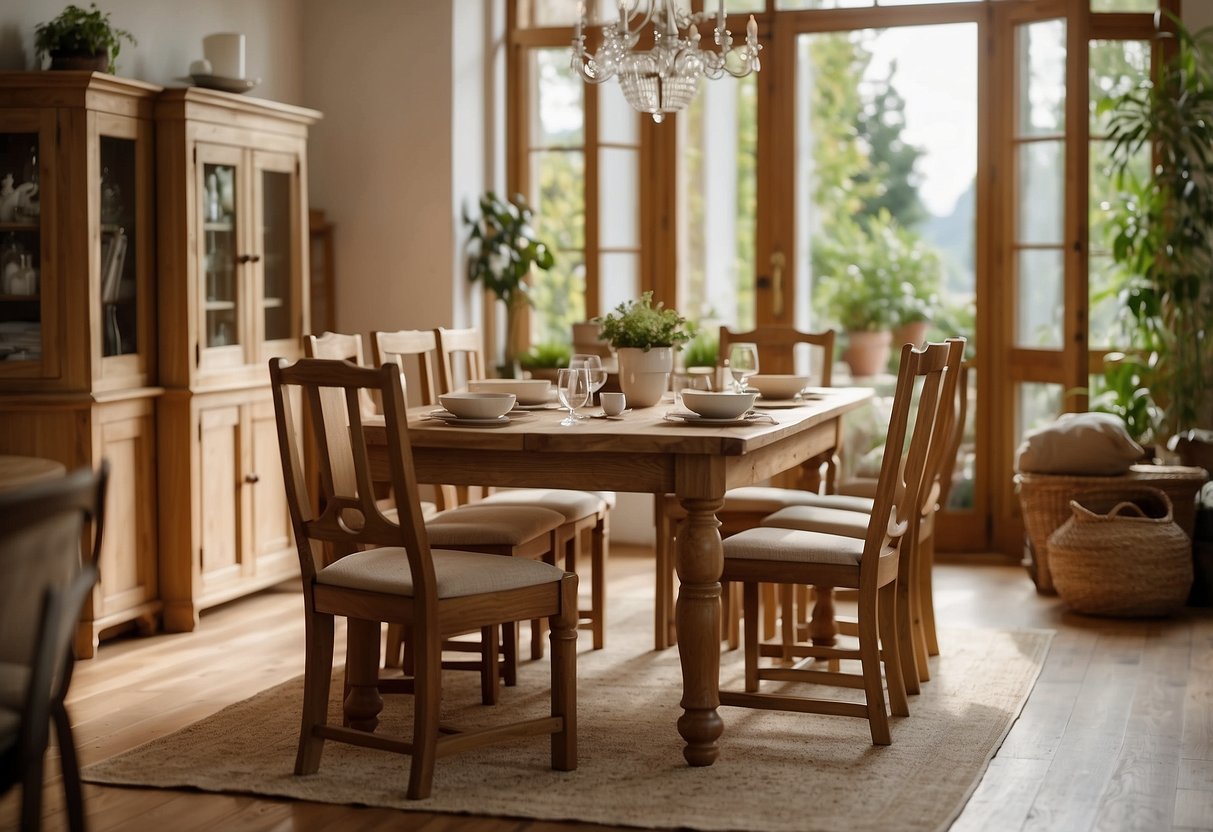 A cozy living room with a rustic French oak furniture set, including a dining table, chairs, and a sideboard. The room is filled with warm natural light, creating a welcoming and inviting atmosphere