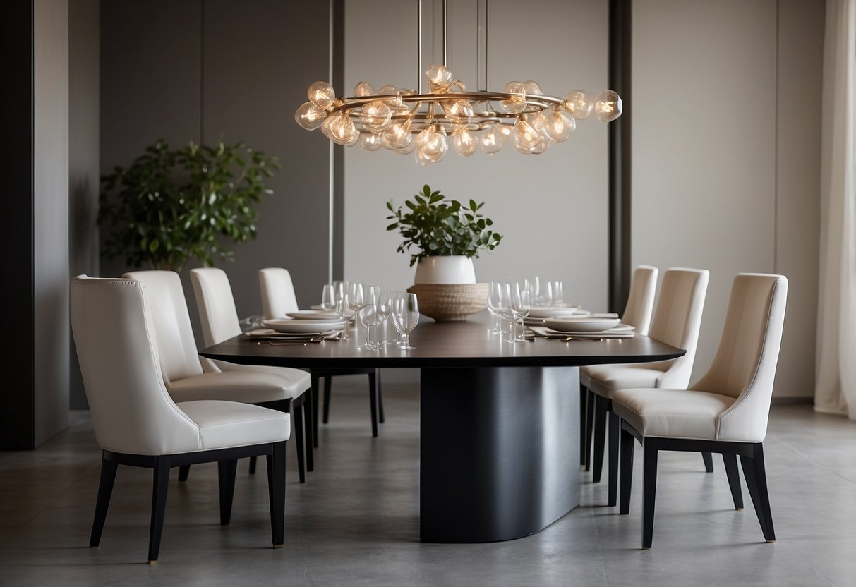A sleek, modern dining table surrounded by minimalist chairs. Clean lines and neutral colors create a sophisticated and inviting atmosphere