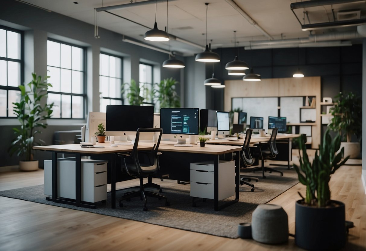 An open office layout with modern, modular furniture. A team of workers collaborate at standing desks and movable whiteboards