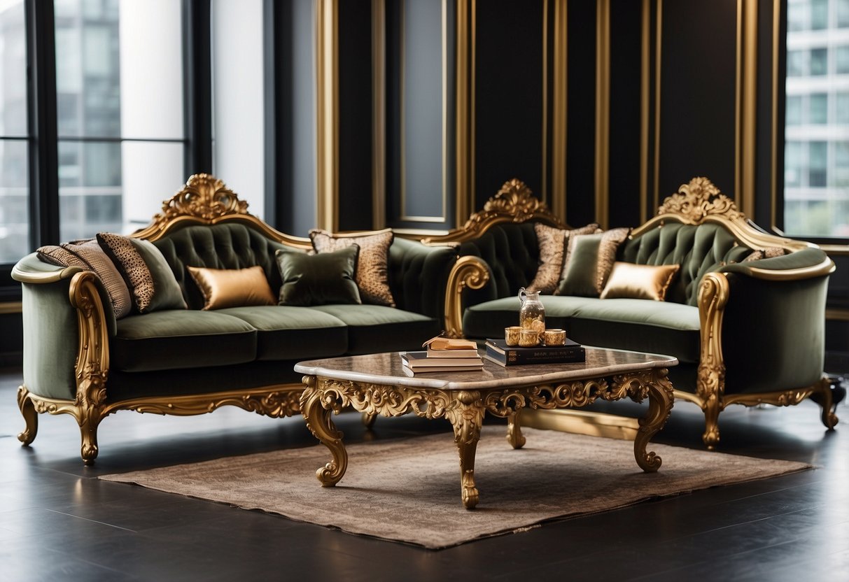 A lavish living room with opulent furniture, including a plush velvet sofa, ornate coffee table, and gilded accents. Rich textures and elegant details create a luxurious atmosphere