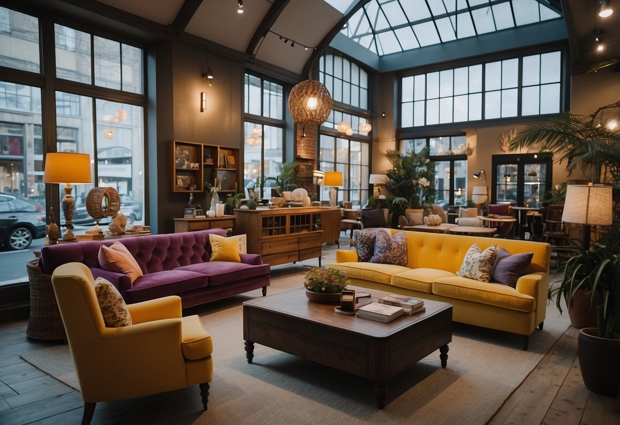 A brighton furniture store with a colorful sign, large windows, and a variety of modern and classic furniture displayed inside