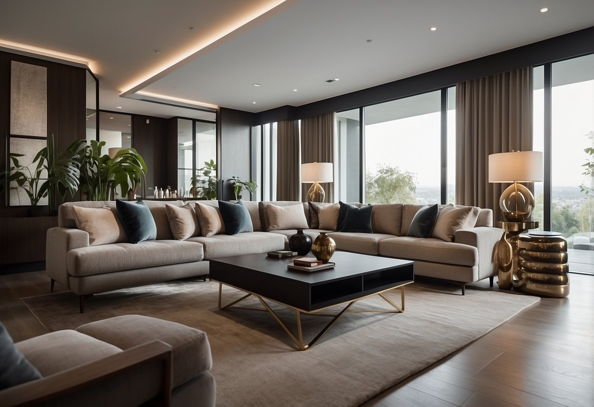 A modern living room with elegant, high-end furniture. A plush sofa, sleek coffee table, and designer lighting create a sophisticated atmosphere