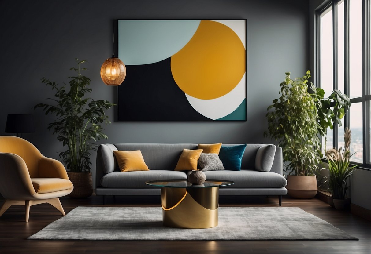 A modern living room with unique furniture designs, including a sleek sofa, geometric coffee table, and abstract art on the walls